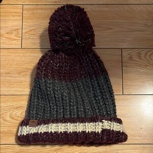 Chunky Knit Pom Beanie in Burgundy and Gray